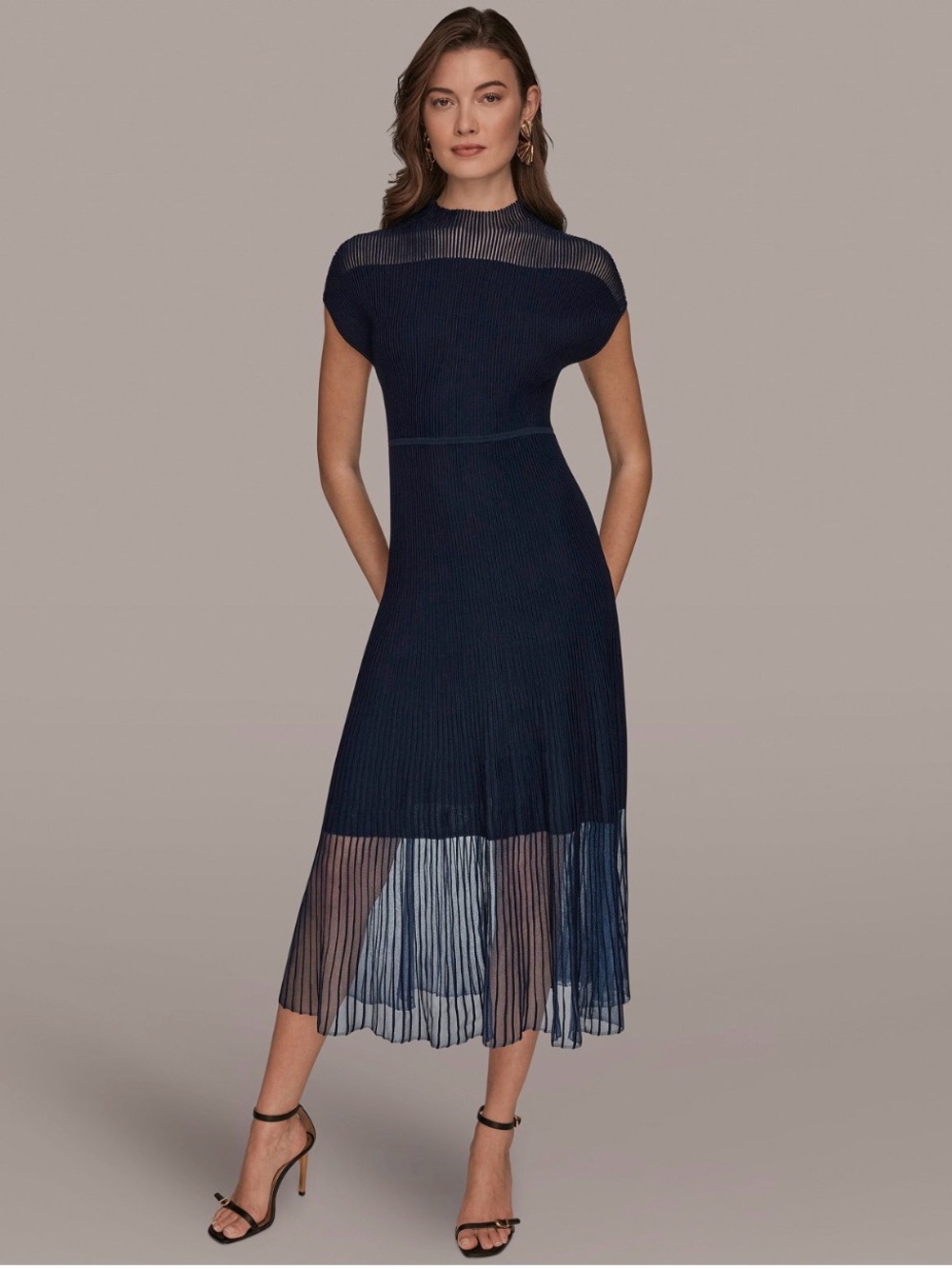 NWT Donna Karan Women's Mock Neck Sheer Yarn Midi Dress. XLARGE. Nightfall.